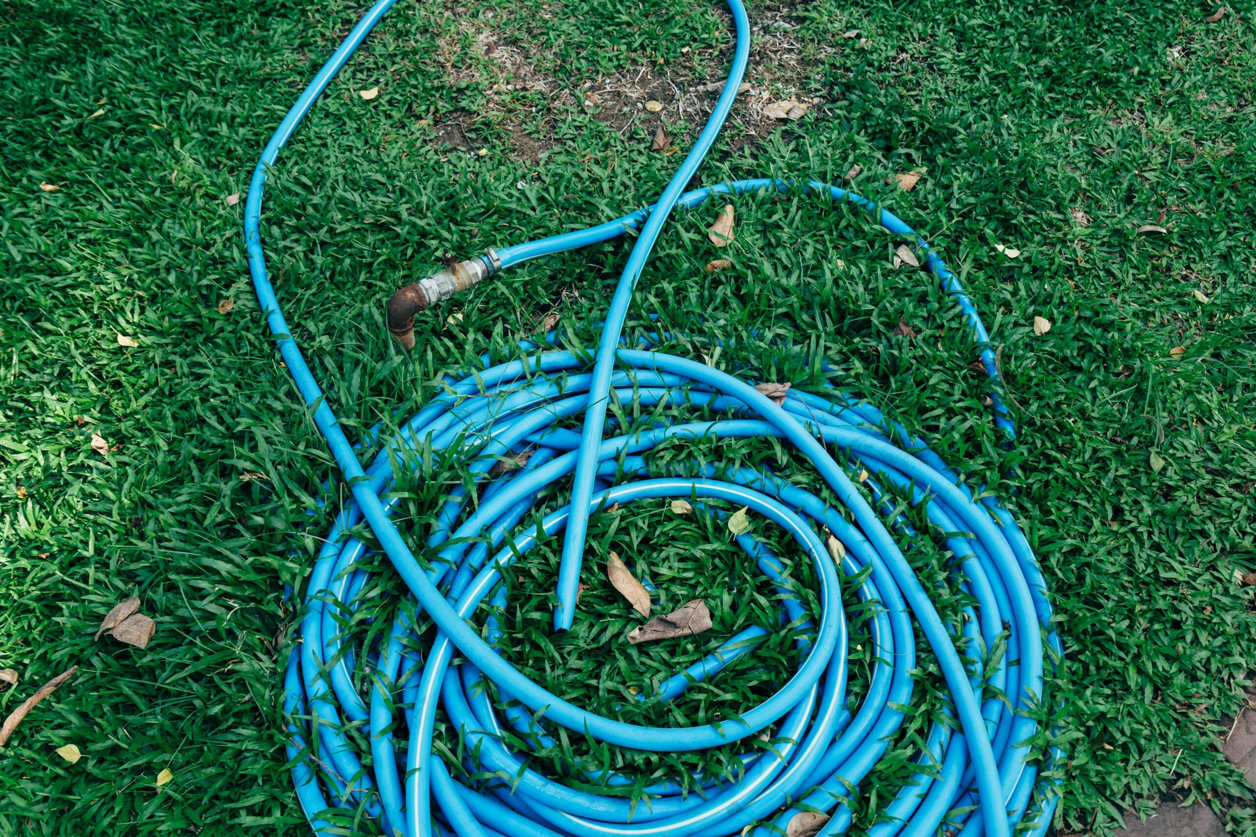 A blue garden hose coiled neatly on rich green grass, ready for use.