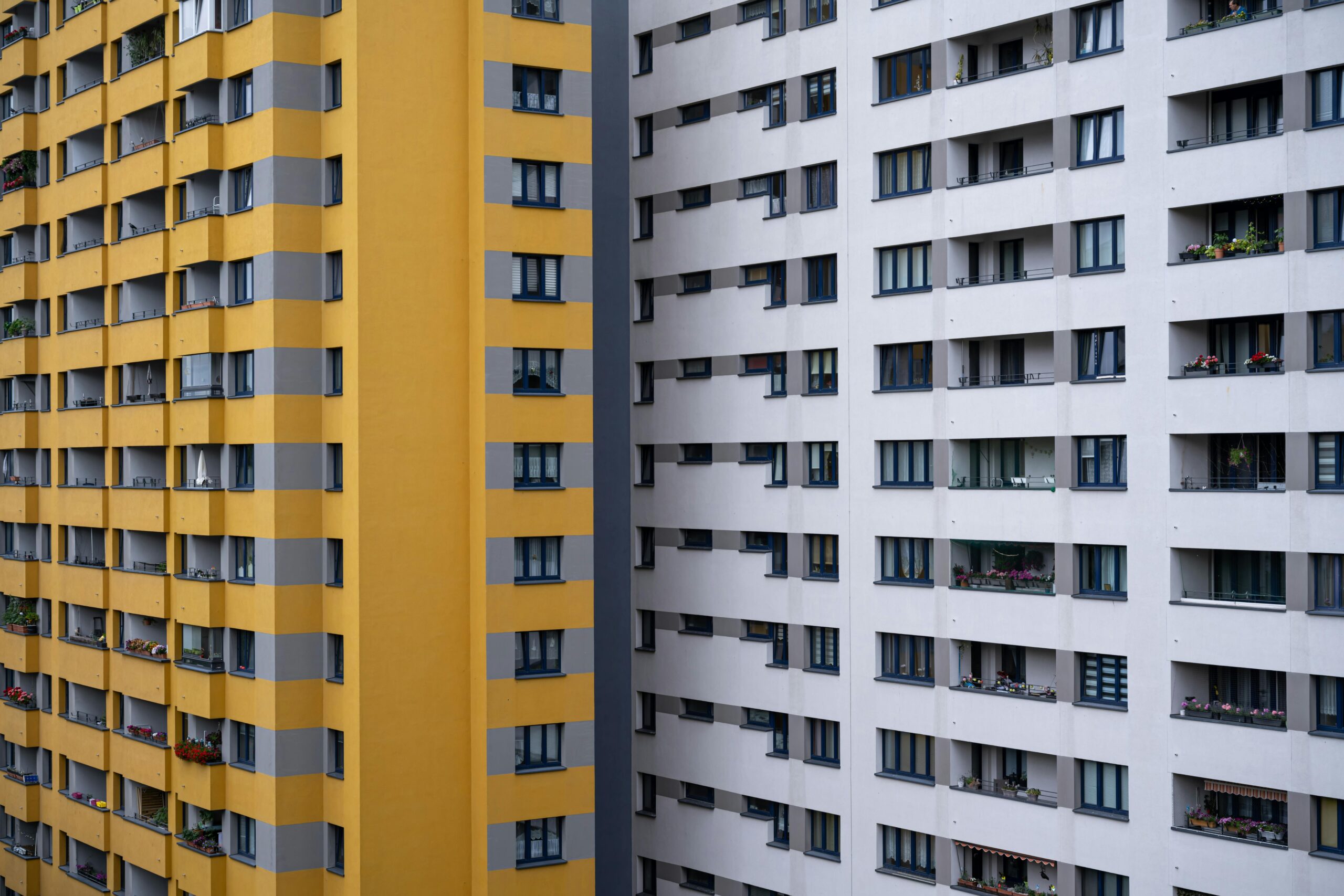 Colorful high-rise buildings in Berlin showcasing modern apartment design.