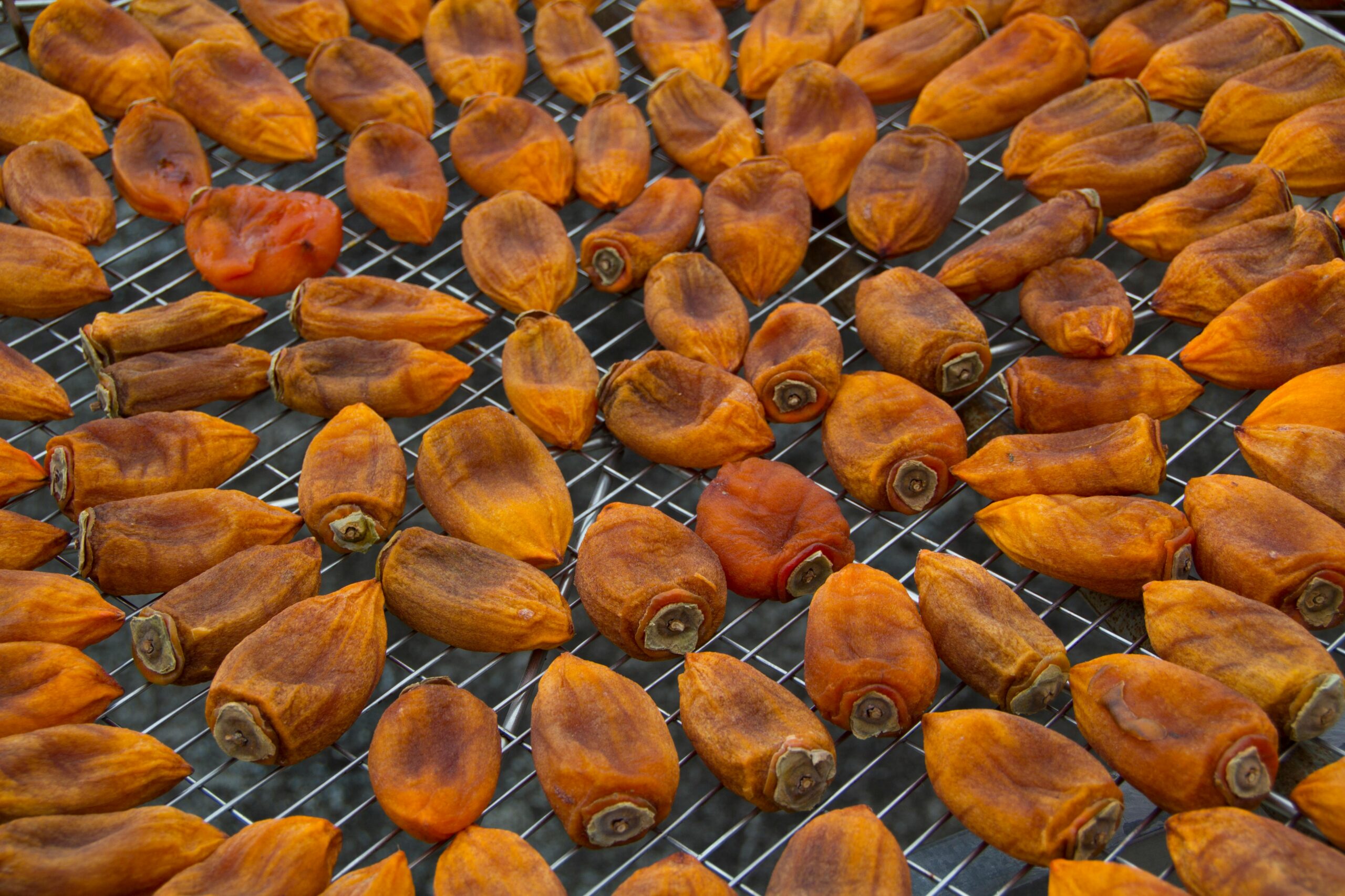 Close-up shot of dried persimmons arranged on a mesh rack, showcasing traditional food preparation.