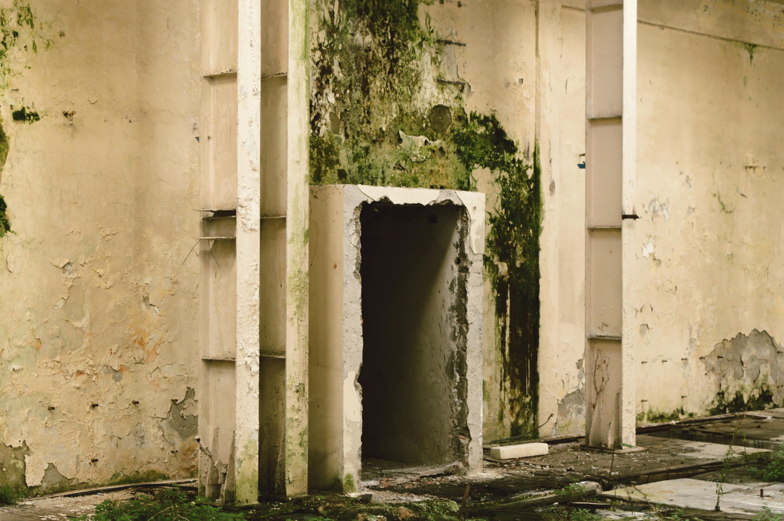 Explore the decaying walls and entrance of an abandoned building, showing urban decay.